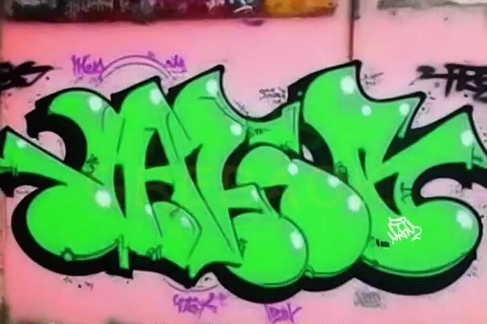 Grafiti color verde brillante en una pared rosa, con un estilo de letras redondeadas y un diseño artístico que destaca en el entorno urbano.