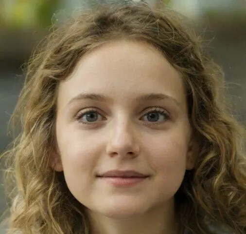 Retrato de una niña con cabello rizado y claro, sonriendo suavemente, con fondo desenfocado que sugiere un entorno natural.