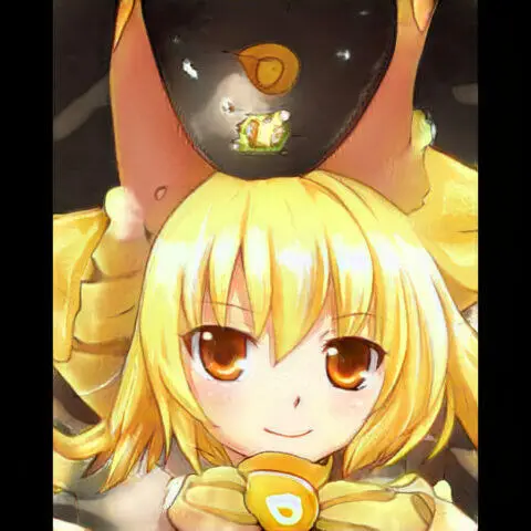 Linda chica de anime con cabello amarillo y ojos marrones, usando un lazo amarillo.