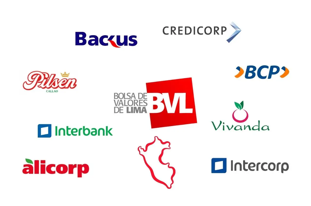Logotipos de las principales empresas peruanas que cotizan en la Bolsa de Valores de Lima (BVL), entre ellas Backus, Credicorp e Intercorp.