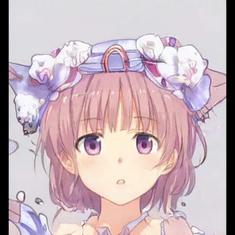 Linda chica de anime con cabello morado y corona de flores.
