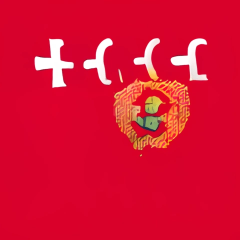 Imagen abstracta con fondo rojo, que presenta símbolos en blanco y un diseño circular colorido en el centro, evocando un estilo artístico moderno y vibrante.