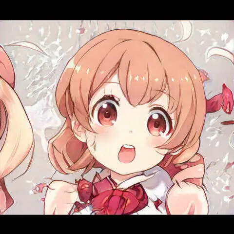 Chica anime con cabello castaño claro y ojos grandes, sonriente y emocionada, vestida con un uniforme escolar. Fondo suave con detalles coloridos y elementos decorativos.