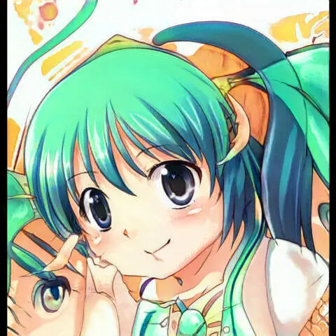 Linda chica de anime con cabello verde azulado y una expresión alegre.