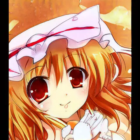 Niña anime con cabello rubio y ojos grandes, vistiendo un sombrero blanco con cinta roja, sonríe con expresión dulce. Fondo naranja con detalles suaves.