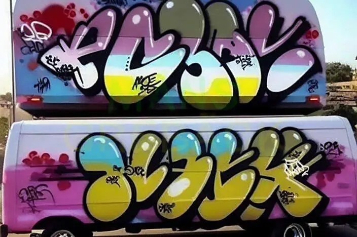 Arte de grafiti en dos furgonetas apiladas, con letras de burbuja grandes y coloridas.