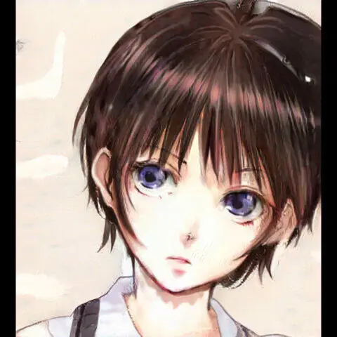 Retrato digital de un personaje de anime con cabello corto y oscuro, ojos azules y expresión pensativa. Fondo suave y desenfocado que resalta al personaje.