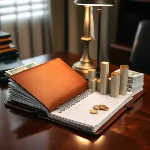 Calendario dividendos junto a dinero en escritorio de caoba, planificación financiera.