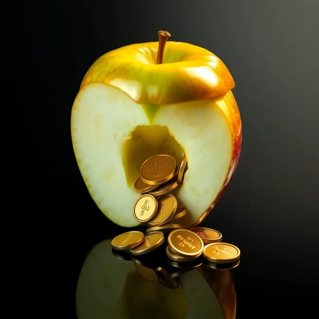 Dividendos Apple: manzana abierta con núcleo de monedas de oro, reflejando riqueza en Colombia.