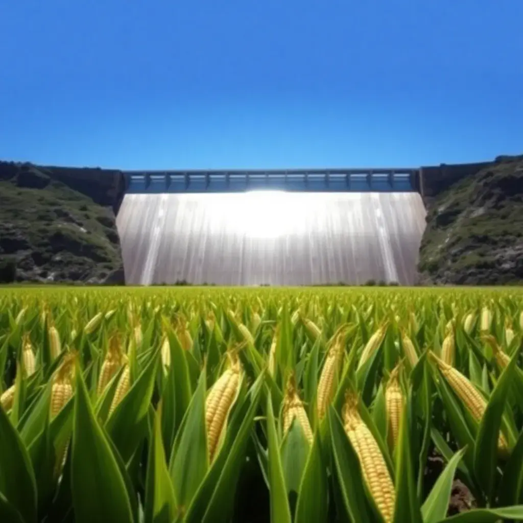 Represa hidroeléctrica y maíz cosechado, simbolizando crecimiento y energía para dividendos Celsia en Colombia.