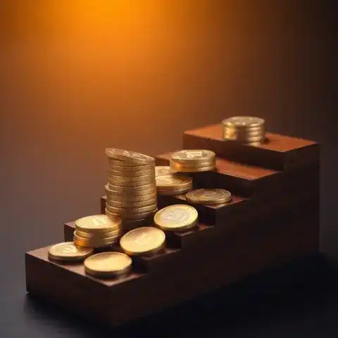 Monedas euro escalando peldaños de madera pulida. Crecimiento financiero y dividendos Santander en España.