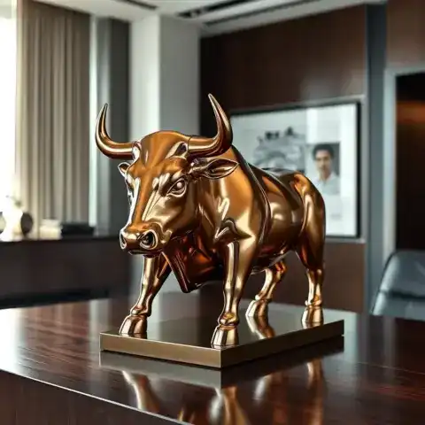 Estatua de toro de bronce pulido sobre escritorio. Próximo dividendo Santander, España.