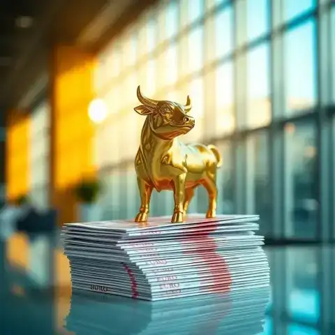 Estatuilla dorada de toro sobre billetes euro. Inversiones y santander dividendos en España.